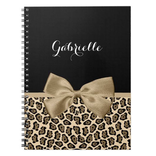 Girly Light Brown Jaguar Cute Brown Bow met naam Notitieboek (Voorkant)