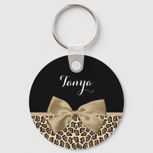 Girly Light Brown Jaguar Cute Brown Bow met naam Sleutelhanger (Voorkant)