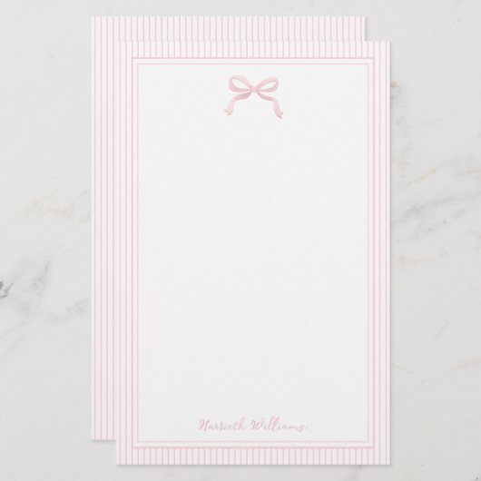 Girly Light Pink Bow en Stripes Border Briefpapier (Voorkant / Achterkant)