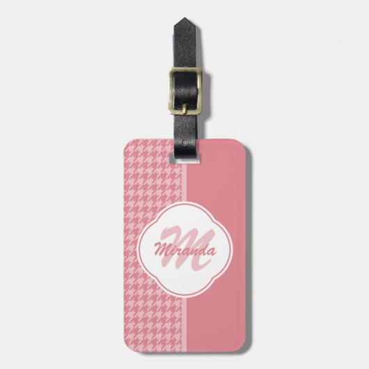 Girly Light Pink Houndstooth Monogram met naam Bagagelabel (Voorkant verticaal)