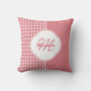 Girly Light Pink Houndstooth Monogram met naam Kussen