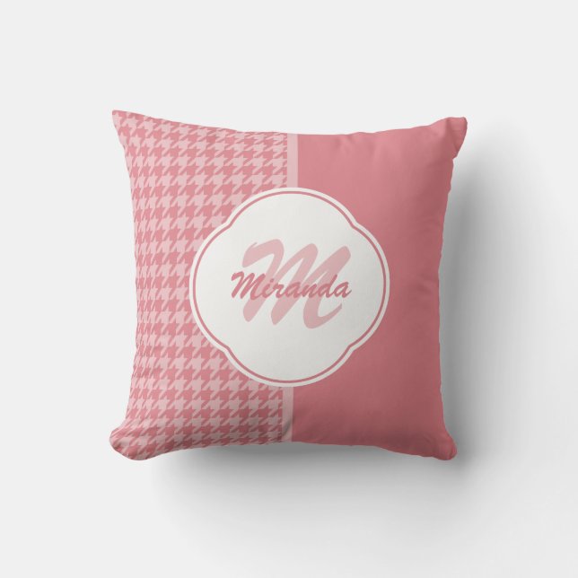 Girly Light Pink Houndstooth Monogram met naam Kussen (Voorkant)