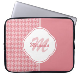 Girly Light Pink Houndstooth Monogram met naam Laptop Sleeve
