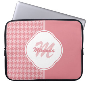 Girly Light Pink Houndstooth Monogram met naam Laptop Sleeve