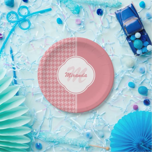 Girly Light Pink Houndstooth Monogram met naam Papieren Bordje (Feest)