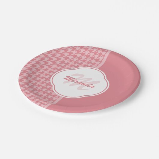 Girly Light Pink Houndstooth Monogram met naam Papieren Bordje (Gekanteld)