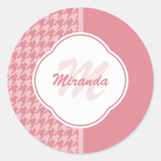 Girly Light Pink Houndstooth Monogram met naam Ronde Sticker (Voorkant)
