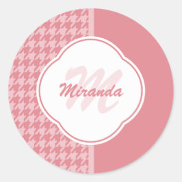 Girly Light Pink Houndstooth Monogram met naam Ronde Sticker