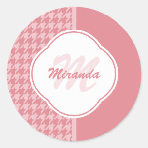 Girly Light Pink Houndstooth Monogram met naam Ronde Sticker