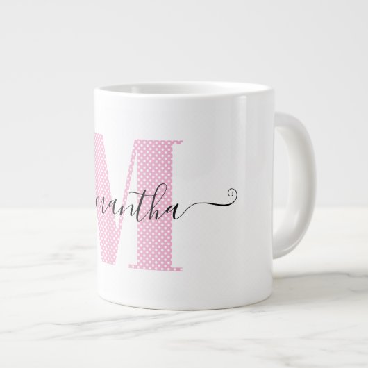 Girly Light Roze en Witte Polka Dot Monogram Grote Koffiekop (Voorkant rechts)