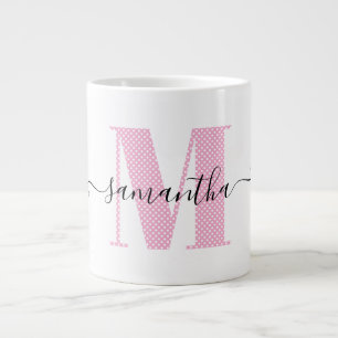 Girly Light Roze en Witte Polka Dot Monogram Grote Koffiekop