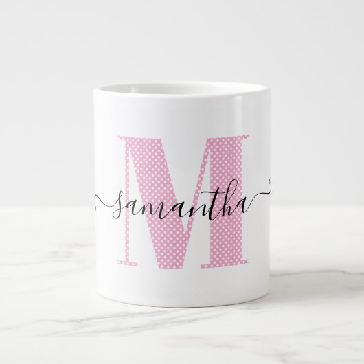 Girly Light Roze en Witte Polka Dot Monogram Grote Koffiekop (Voorkant)