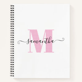 Girly Light Roze en Witte Polka Dot Monogram Notitieboek