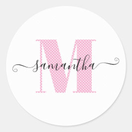Girly Light Roze en Witte Polka Dot Monogram Ronde Sticker