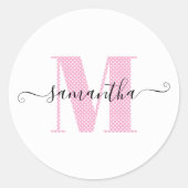 Girly Light Roze en Witte Polka Dot Monogram Ronde Sticker (Voorkant)