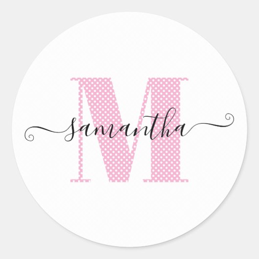 Girly Light Roze en Witte Polka Dot Monogram Ronde Sticker (Voorkant)