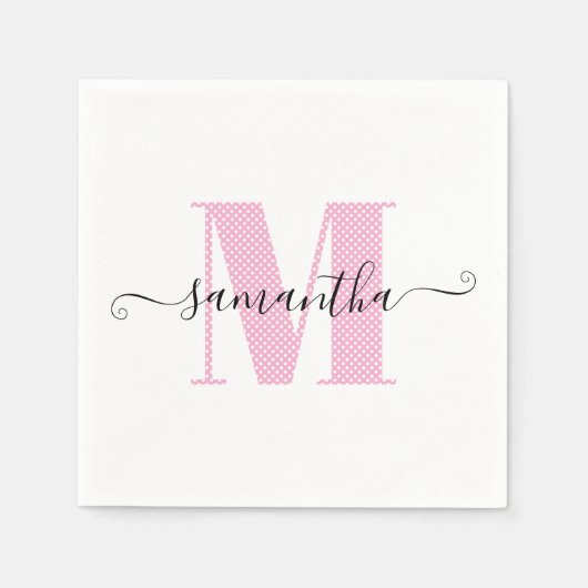 Girly Light Roze en Witte Polka Dot Monogram Servet (Voorkant)