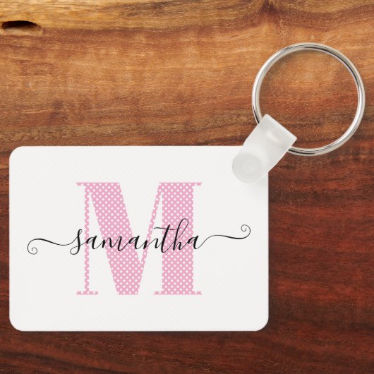 Girly Light Roze en Witte Polka Dot Monogram Sleutelhanger (Voorkant)