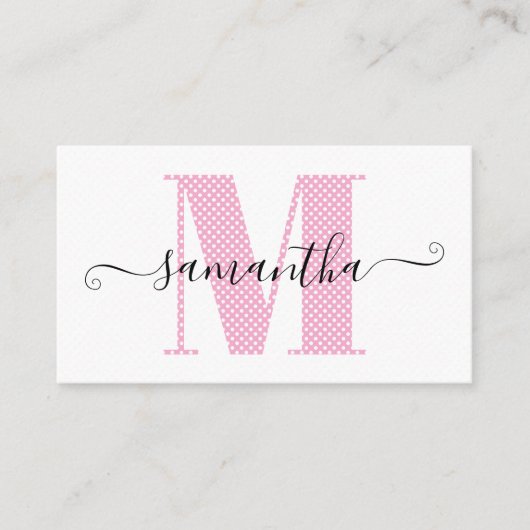 Girly Light Roze en Witte Polka Dot Monogram Visitekaartje (Voorkant)