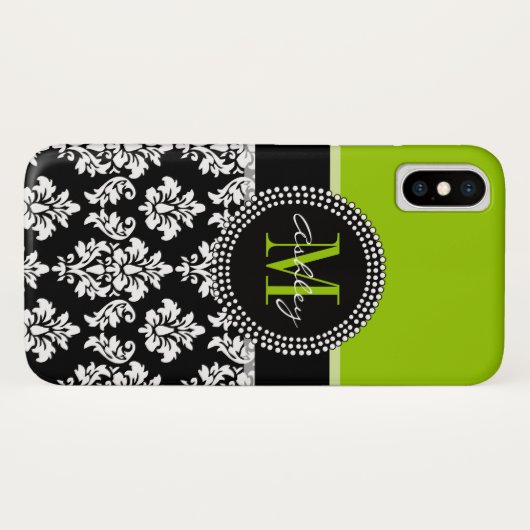 Girly Lime Green Black Damask Pattern Monogram Case-Mate iPhone Case (Achterkant (horizontaal))