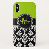 Girly Lime Green Black Damask Pattern Monogram Case-Mate iPhone Case (Achterkant)