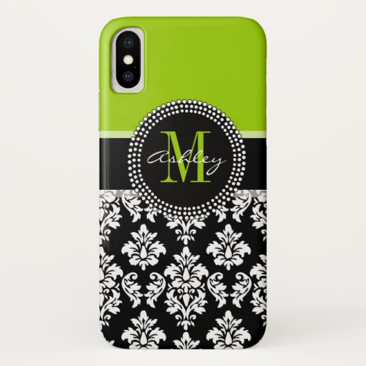 Girly Lime Green Black Damask Pattern Monogram Case-Mate iPhone Case (Achterkant)