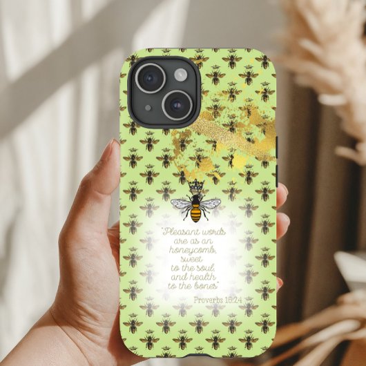 Girly Lime Green Gold Bee Grid Bible Queen Bee Case-Mate iPhone Case