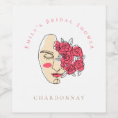 Girly Line Art Gezicht Bloemen Naam Vrijgezellenfe Wijn Etiket (Enkel label)