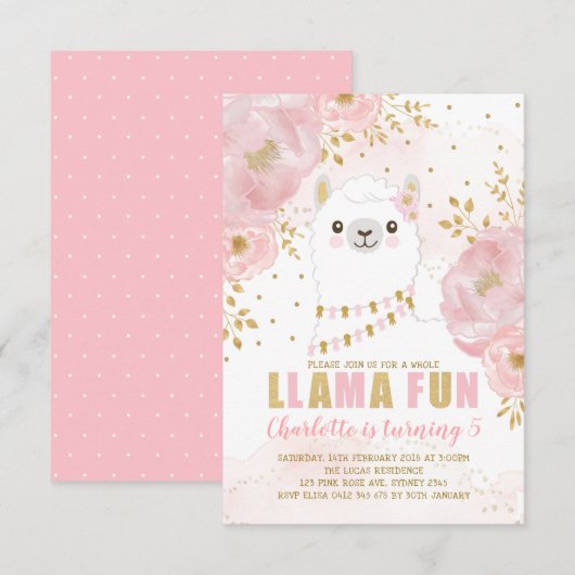 Girly Llama Birthday Pink Gold Floral Alpaca Kaart (Voorkant / Achterkant)