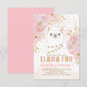 Girly Llama Birthday Pink Gold Floral Alpaca Kaart