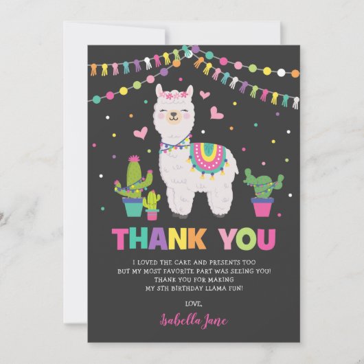 Girly Llama Fiesta Cactus Birthday Party Bedankkaart (Voorkant)