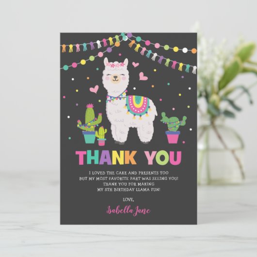 Girly Llama Fiesta Cactus Birthday Party Bedankkaart (Staand voorkant)