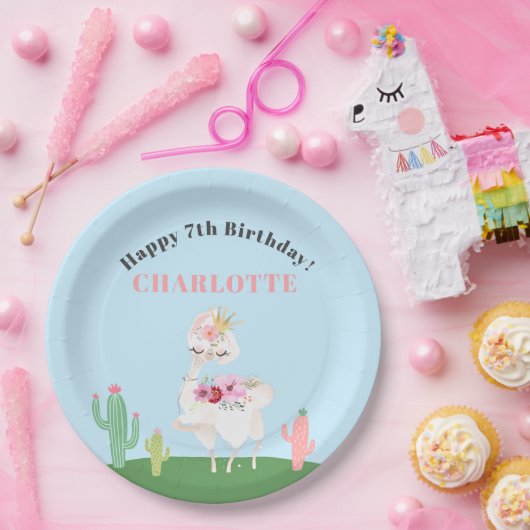 Girly Llama Floral Cactus Birthday Party Papieren Bordje (Feest)