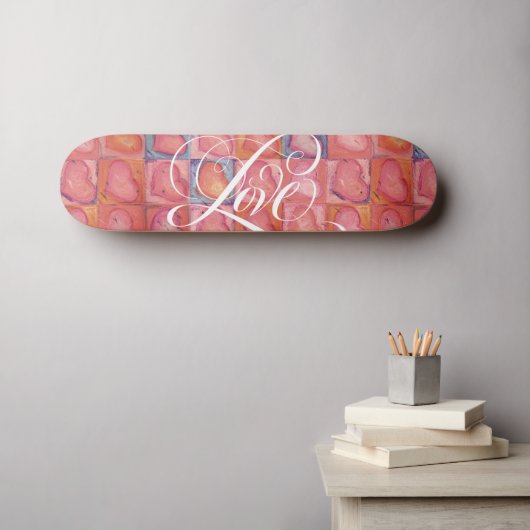 Girly Love Hearts Pink Flourged Calligraphy Skateboard (Muurkunst (Horizontaal))