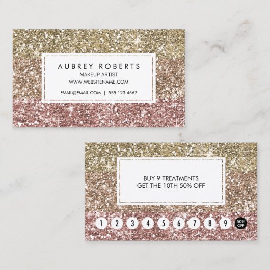 Girly Loyalty Punch Kaart Faux Roos Gold Glitter (Voorkant / Achterkant)