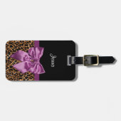 Girly Luipaardprint Elegante Paarse Strik en Naam Bagagelabel (Voorkant horizontaal)