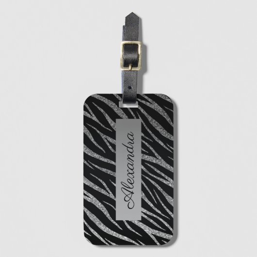 Girly Luxury Silver en Black Classy Zebra Print Bagagelabel (Voorkant (verticaal))