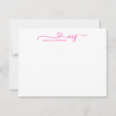 Girly Magenta Pink Heart Script Naam Monogram Notitiekaartje (Voorkant)