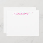 Girly Magenta Pink Heart Script Naam Monogram Notitiekaartje (Voorkant / Achterkant)
