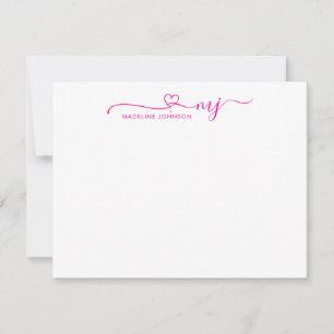 Girly Magenta Pink Heart Script Naam Monogram Notitiekaartje