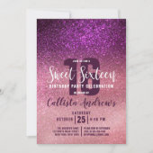 Girly Magenta Roze Triple Glitter Ombre Sweet 16 Kaart (Voorkant)