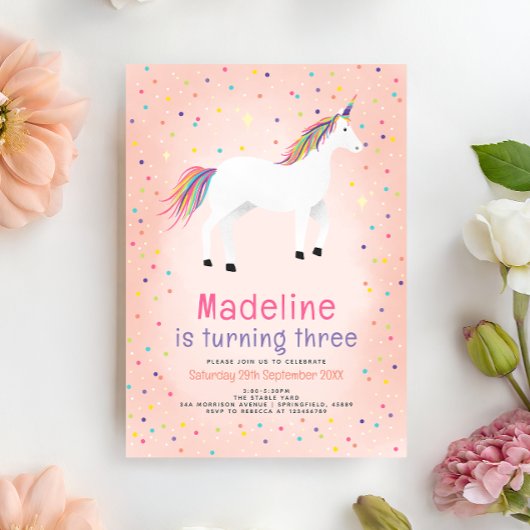 Girly Magical Cute Pink Unicorn Kids Birthday Kaart