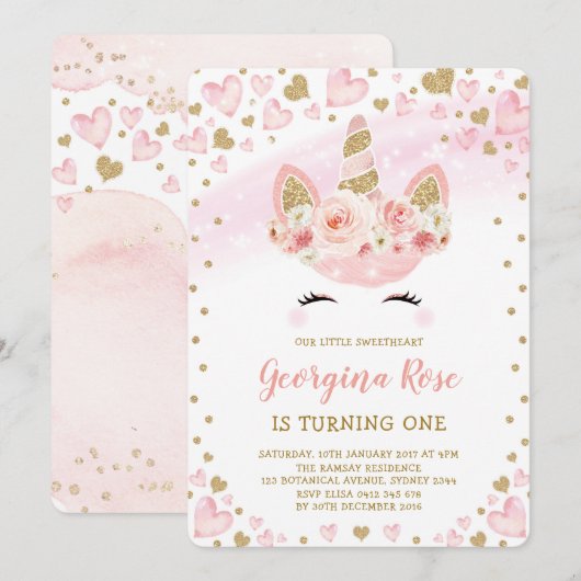 Girly Magical Unicorn Birthday Pink Gold Hearts Kaart (Voorkant / Achterkant)