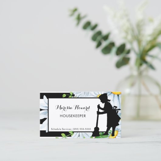 Girly Maid Stripes en Daisy Floral Huishoudster Visitekaartje (Staand voorkant)