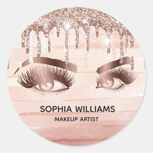 girly make-up ogen roos gouden druppels glitter ronde sticker (Voorkant)