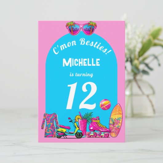 Girly Malibu Beach Retro Uitnodiging voor verjaard (Staand voorkant)