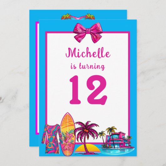 Girly Malibu Beach Retro Uitnodiging voor verjaard (Voorkant / Achterkant)