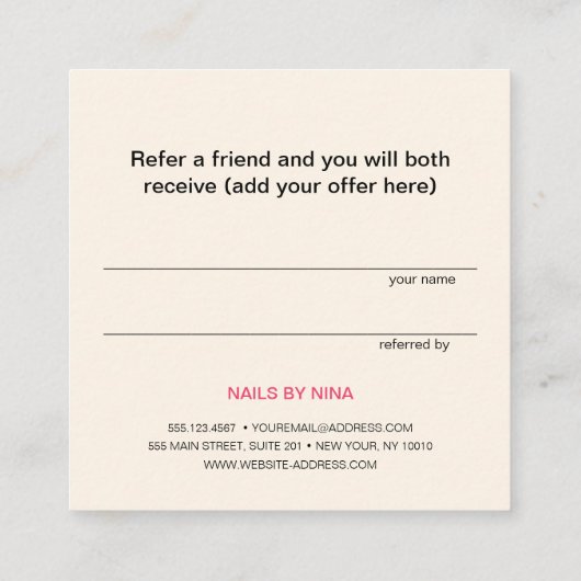 Girly Manicurist Nails Typografie Referral Kaart Vierkante Visitekaartje (Achterkant)