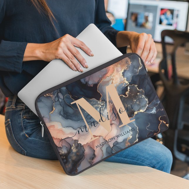 Girly Marble Glitter Agaat Gold Monogram Initiaal Laptop Sleeve (Creator heeft geüpload)