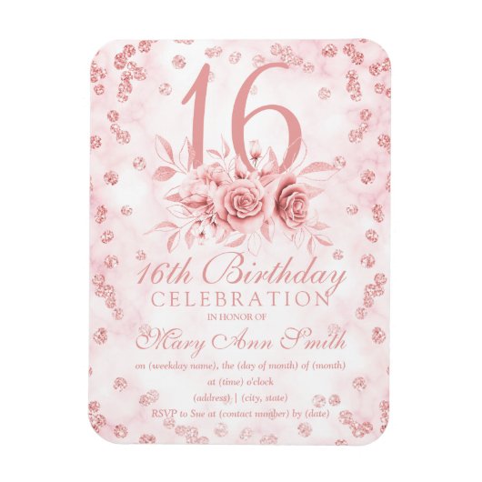 Girly Marble Glitter Roos Gold Floral Sweet 16th I Magneet (Verticaal)